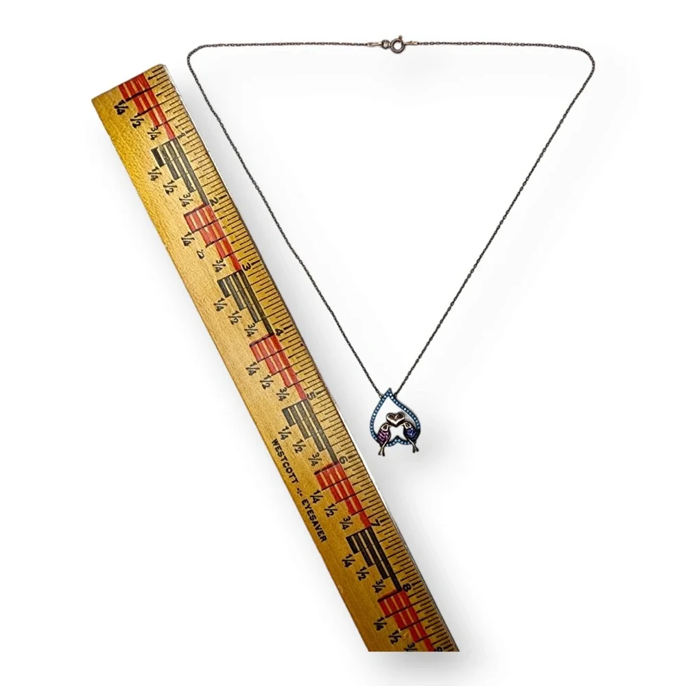 Adorable Lovebirds Necklace Sterling Silver 925 Goldwash Ruby Spinel Turquoise